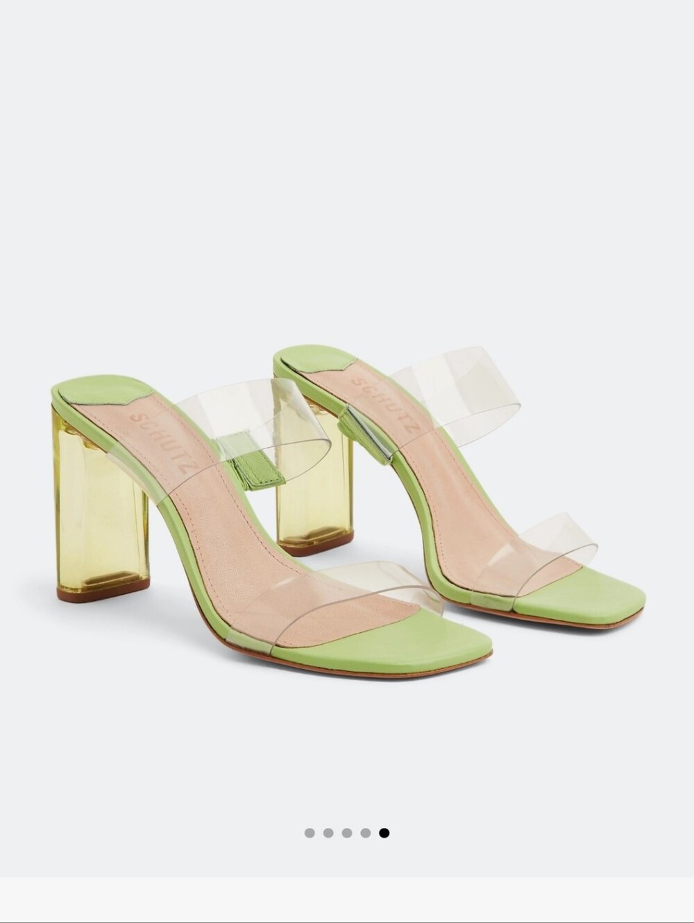 SCHUTZ Ariella Sandals Lime Green Clear Strap Slide Heels
